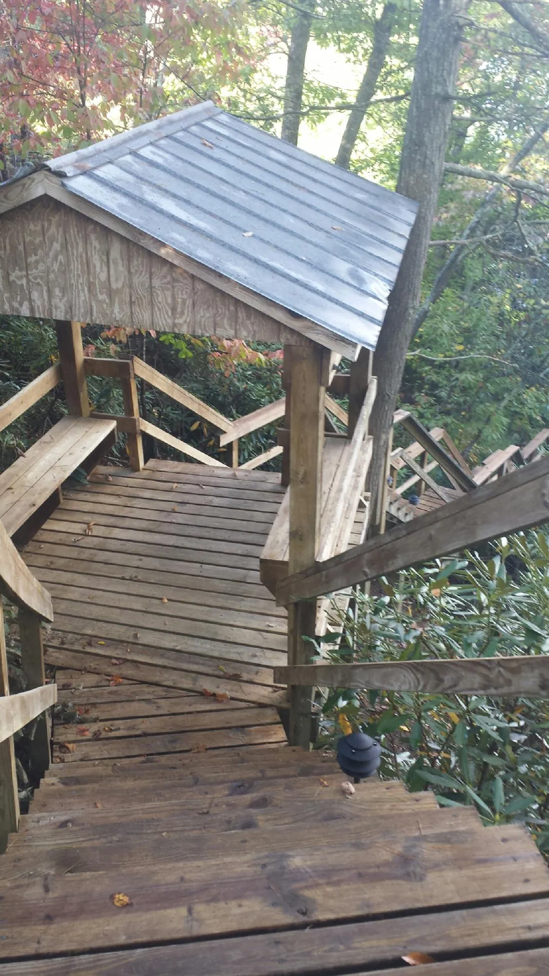 Metal roofed shelter over wooden steps on a wooded walkway — Skylight Repair & Installation work by our crew in Shiro